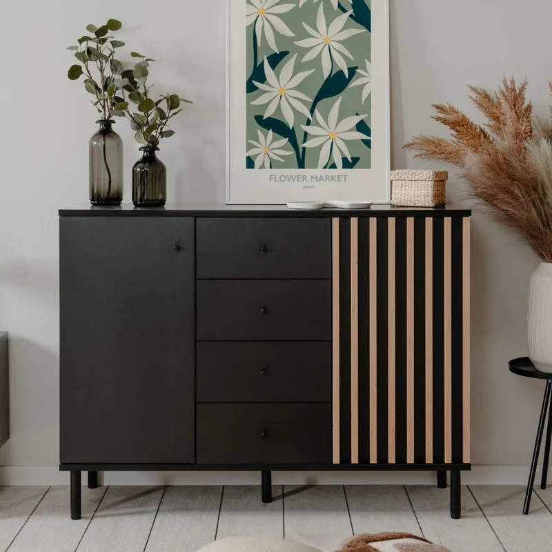 Madia con 2 ante e 4 cassetti colore nero con listelli rovere 118x90H cm - Bresso