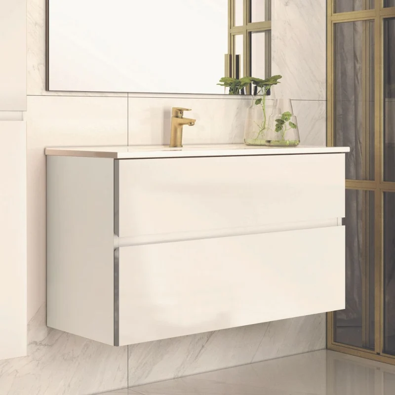 Mobile da bagno sospeso 100 cm con 2 cassetti e lavabo incluso colore bianco laccato - Mances