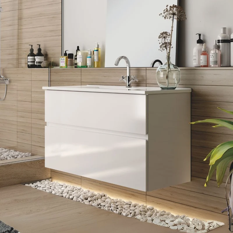 Mobile da bagno sospeso 100 cm con 2 cassetti e lavabo incluso colore bianco laccato - Mances