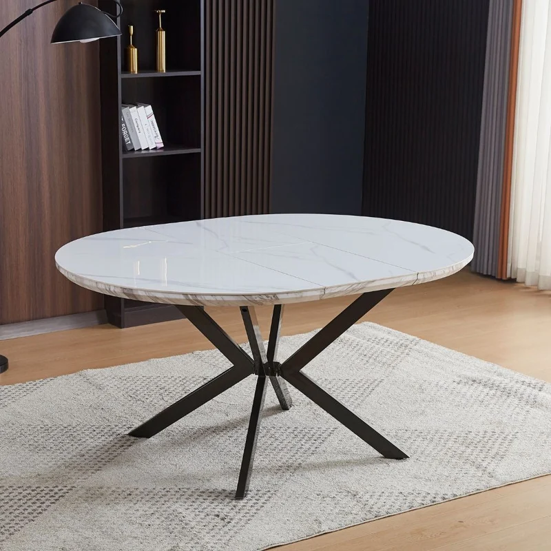 Tavolo rotondo allungabile con piano effetto marmo bianco lucido 120x76H cm - Marina
