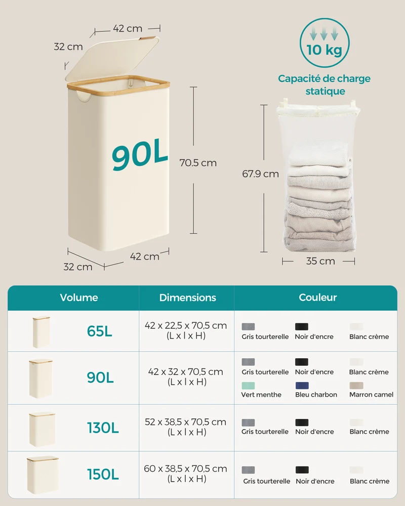 Panier à linge pliable gain de place 42 x 32 x 70,5 cm en tissu oxford blanc crème 12_0011563