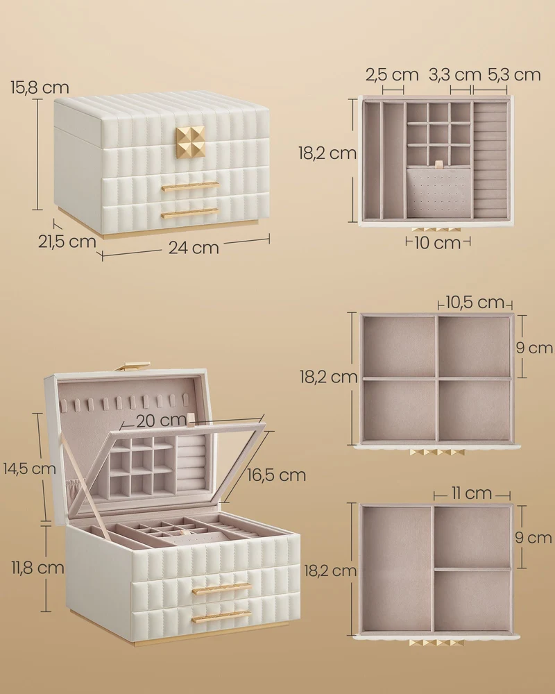Boîte à bijoux à 3 étages avec miroir et 2 tiroirs 21,5 x 24 x 15,8 cm style élégant déco chambre en PU blanc 12_0011525