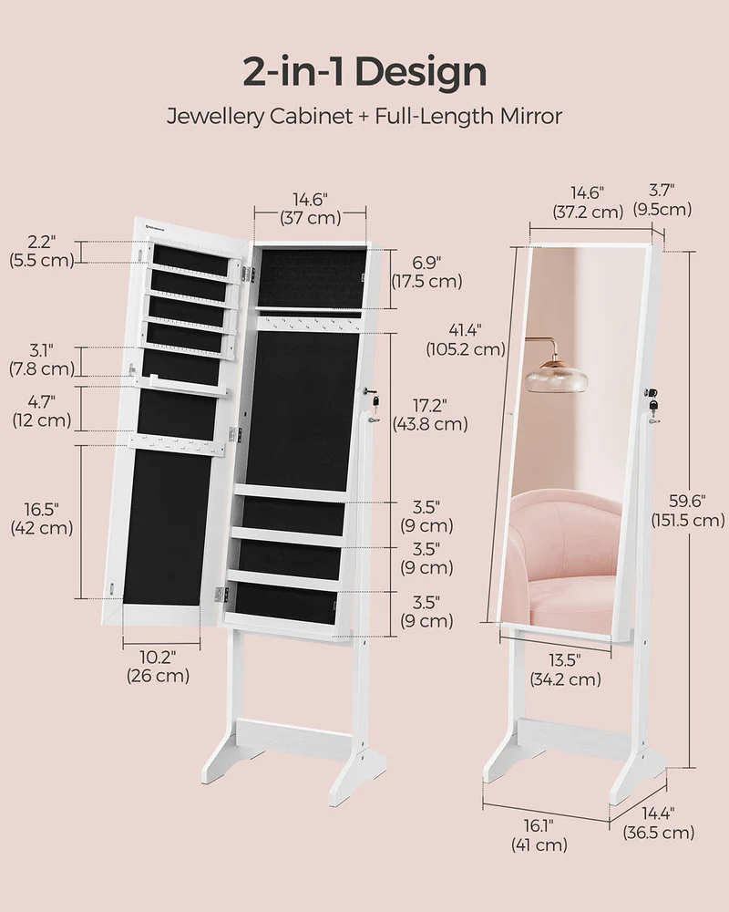 Armoire à bijoux avec miroir inclinable 41,1 x 36,5 x 151,5 cm rangement sécurisé design épuré en MDF blanc 12_0008419