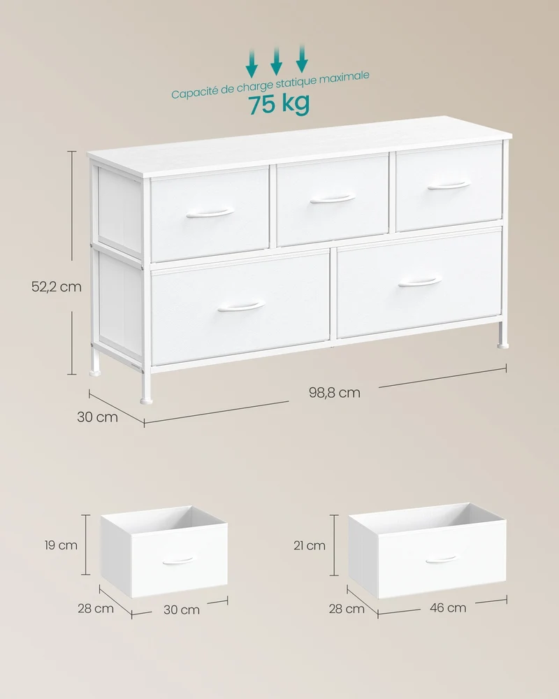 Commode de rangement moderne 30 x 98,8 x 52,2 cm 9 tiroirs fonctionnels ambiance cosy en MDF blanc 12_0012975