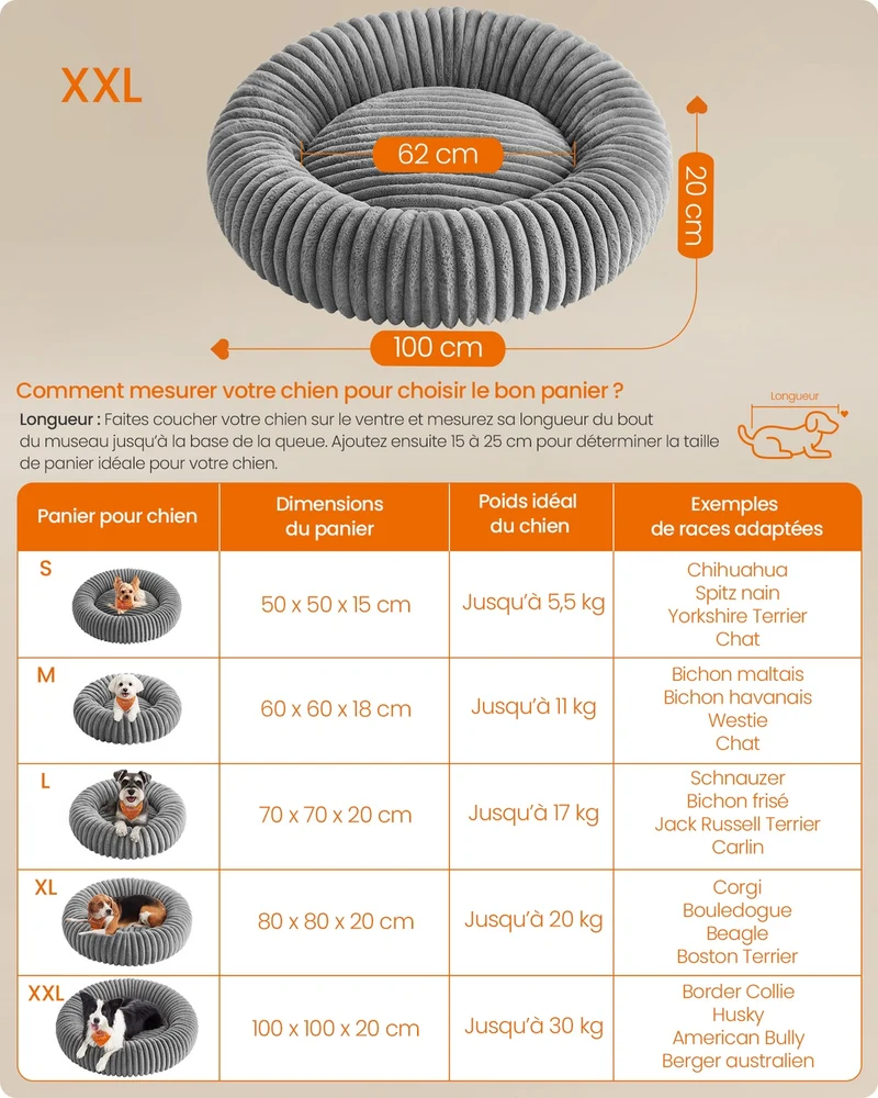 Lot de 2 paniers pour animaux forme ronde 100 x 20 cm rembourrage doux antidérapant en tissu côtelé gris tourterelle 12_0012649