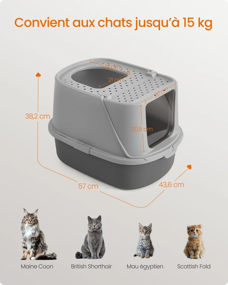 Bac à litière pour chat taille XXL avec couvercle basculant 57 x 43,6 x 38,2 cm usage facile en plastique gris ardoise 12_0012609