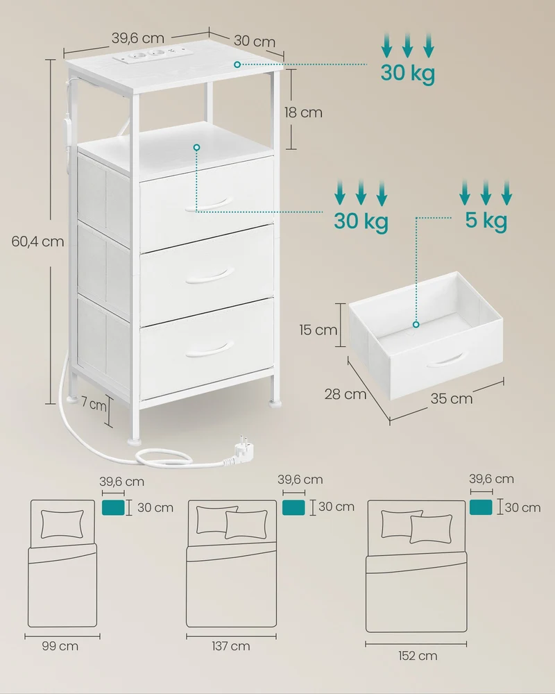 Table de chevet avec éclairage LED moderne 30 x 39,6 x 75,9 cm 1 étagère ouverte 2 tiroirs en panneau MDF blanc 12_0012366
