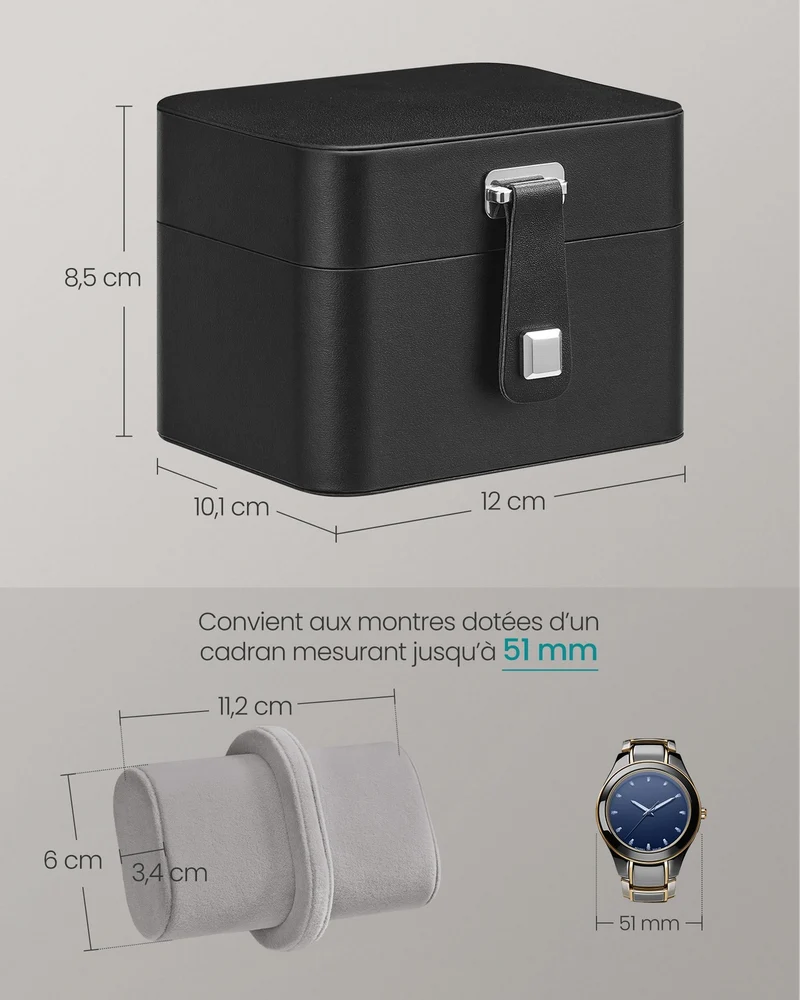 Étui de voyage pour montres 10,1 x 12 x 8,5 cm avec compartiment secret style moderne en plastique noir 12_0012110