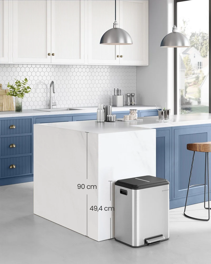 Poubelle de cuisine double recyclage 41,7 x 33,2 x 49,4 cm avec pédale ergonomique design moderne en acier argent 12_0011991