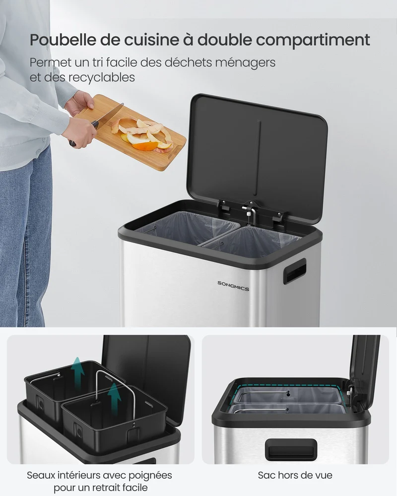 Poubelle de cuisine double recyclage 41,7 x 33,2 x 49,4 cm avec pédale ergonomique design moderne en acier argent 12_0011991