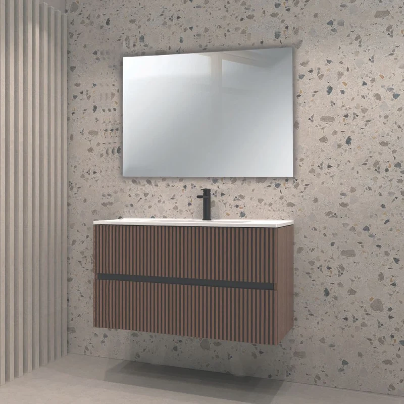 Mobile da bagno sospeso con due cassetti e specchio incluso colore noce effetto cannettato 80x45x50H cm - Bifosy
