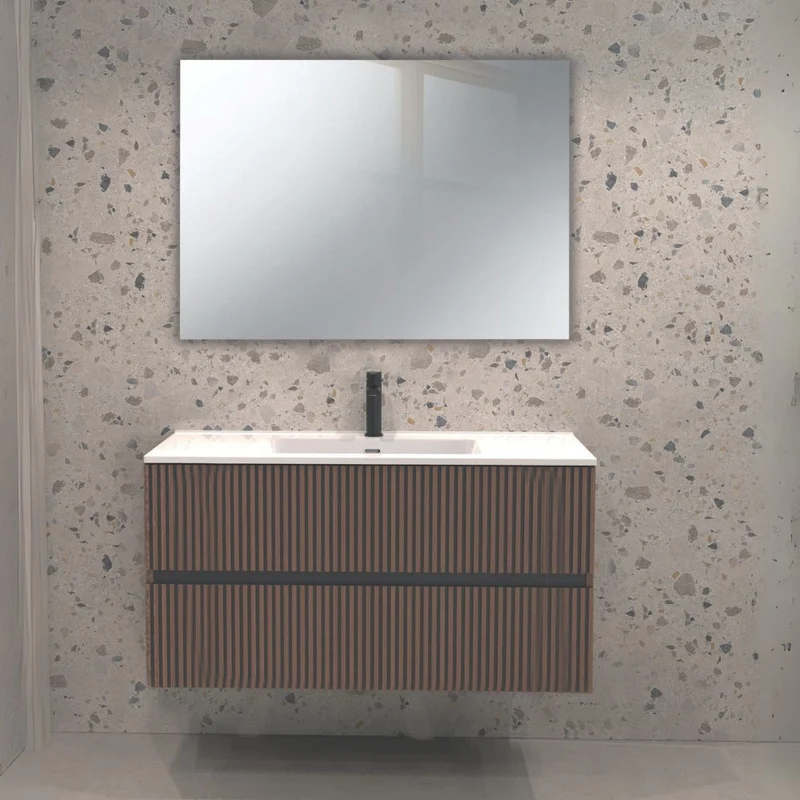 Mobile da bagno sospeso con due cassetti e specchio incluso colore noce effetto cannettato 80x45x50H cm - Bifosy