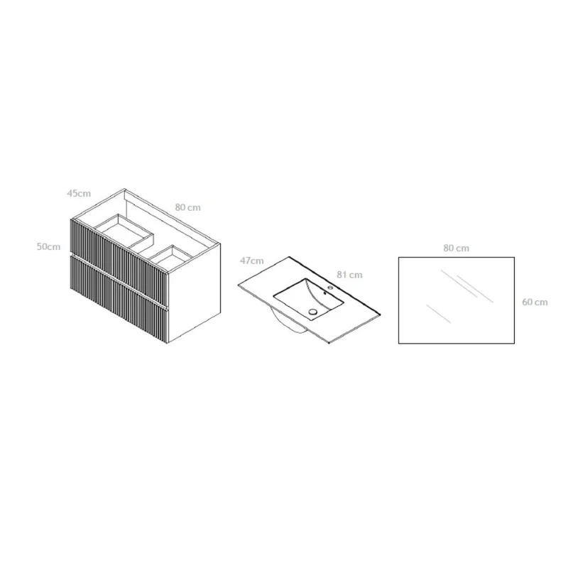 Mobile da bagno sospeso con due cassetti e specchio incluso colore noce effetto cannettato 80x45x50H cm - Bifosy