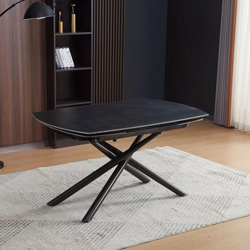 Tavolo girevole allungabile con piano in ceramica effetto marmo nero opaco 140x90x76H cm - Denis
