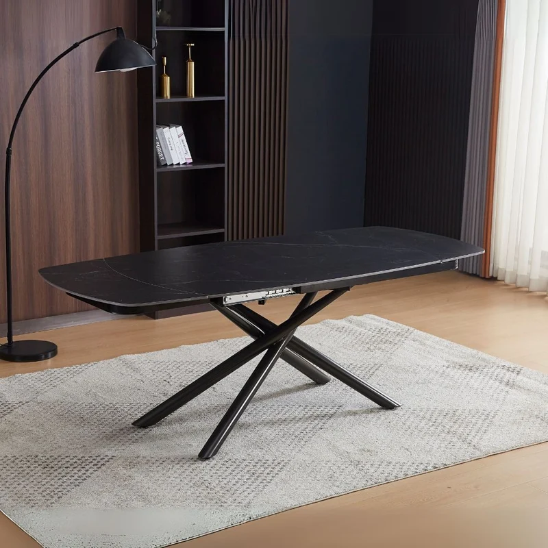 Tavolo girevole allungabile con piano in ceramica effetto marmo nero opaco 140x90x76H cm - Denis