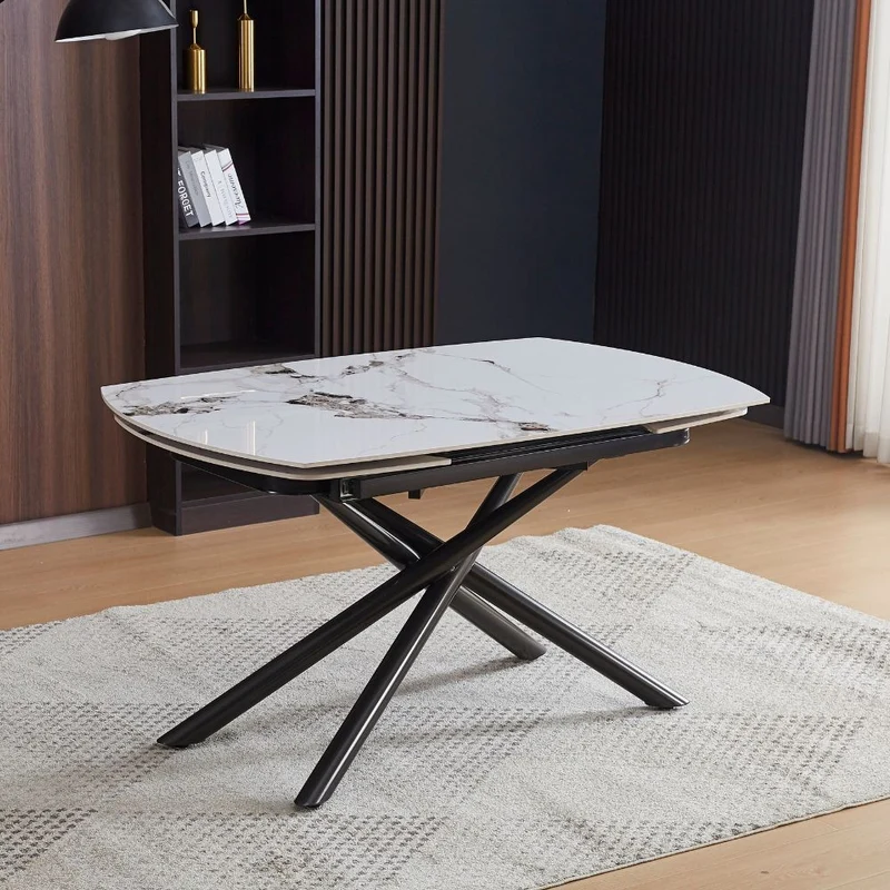 Tavolo girevole allungabile con piano in ceramica effetto marmo bianco lucido 140x90x76H cm - Denis