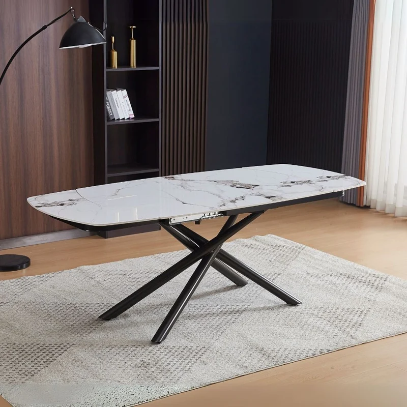 Tavolo girevole allungabile con piano in ceramica effetto marmo bianco lucido 140x90x76H cm - Denis