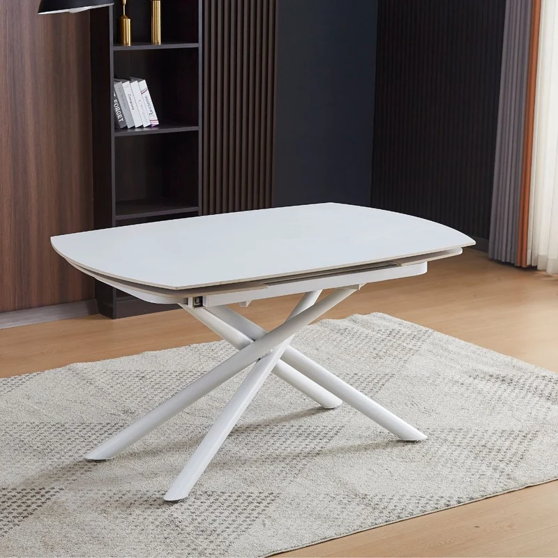 Tavolo girevole allungabile con piano in ceramica effetto marmo bianco opaco 140x90x76H cm - Denis