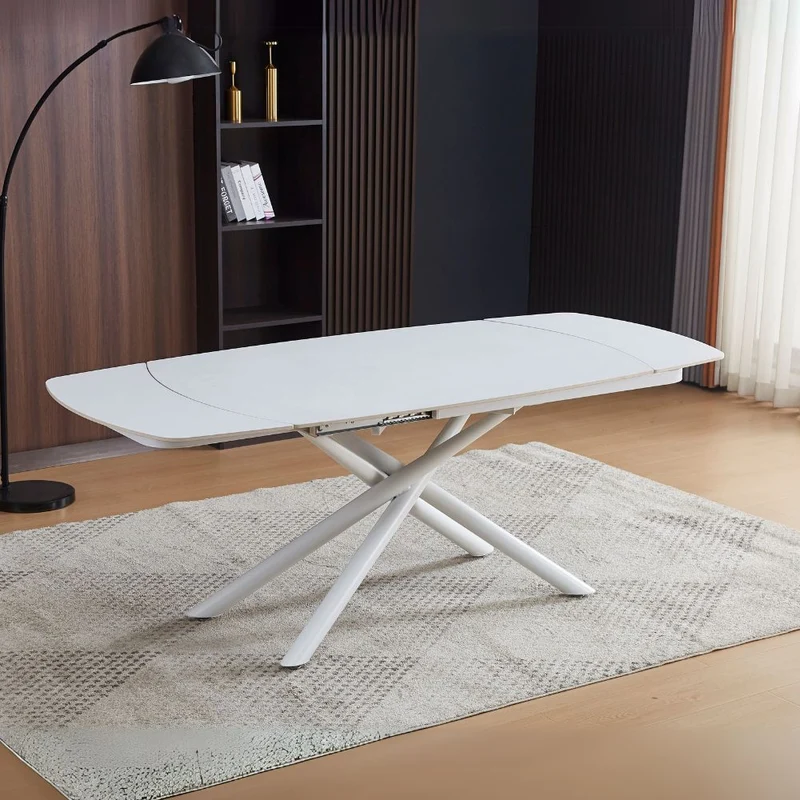 Tavolo girevole allungabile con piano in ceramica effetto marmo bianco opaco 140x90x76H cm - Denis