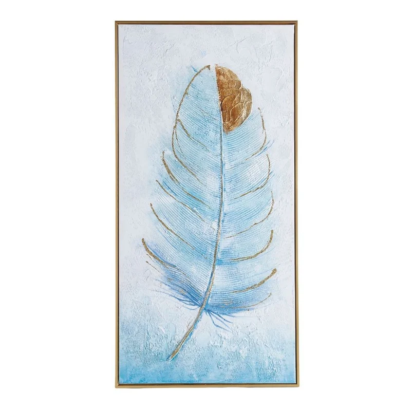 Quadro olio su tela soggetto piuma con cornice colore oro 60x120 cm