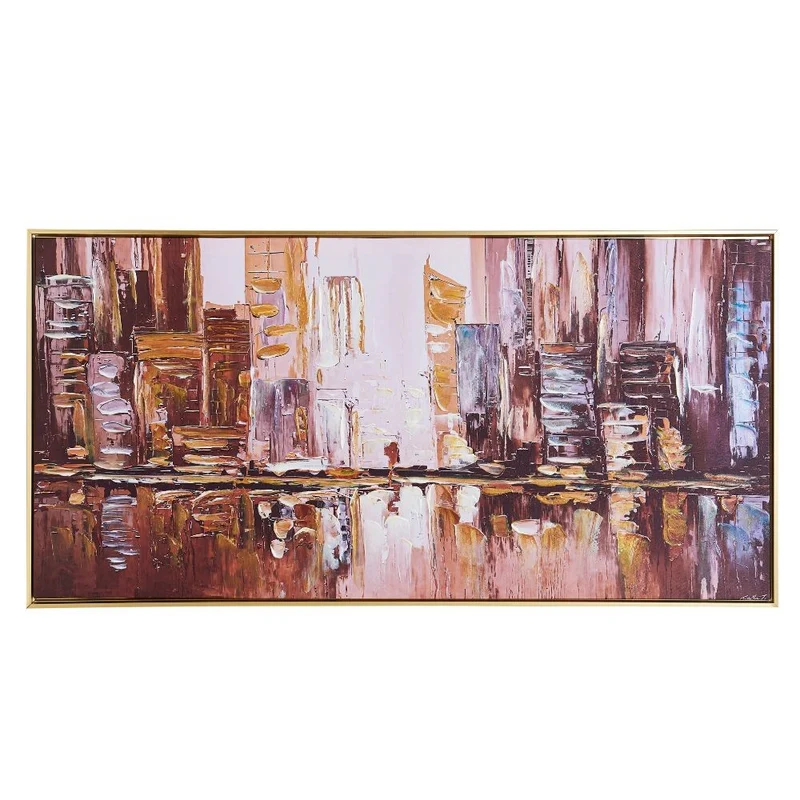 Quadro olio su tela città con cornice colore nero 120x60 cm