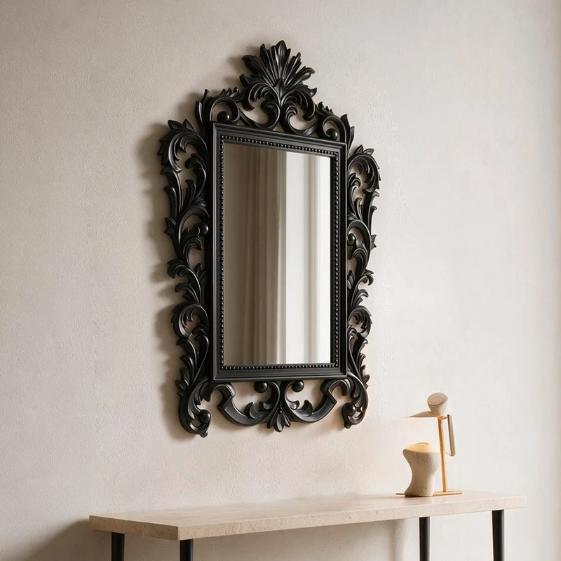 Specchio con cornice intagliata stile barocco in polipropilene colore nero 62x86H cm
