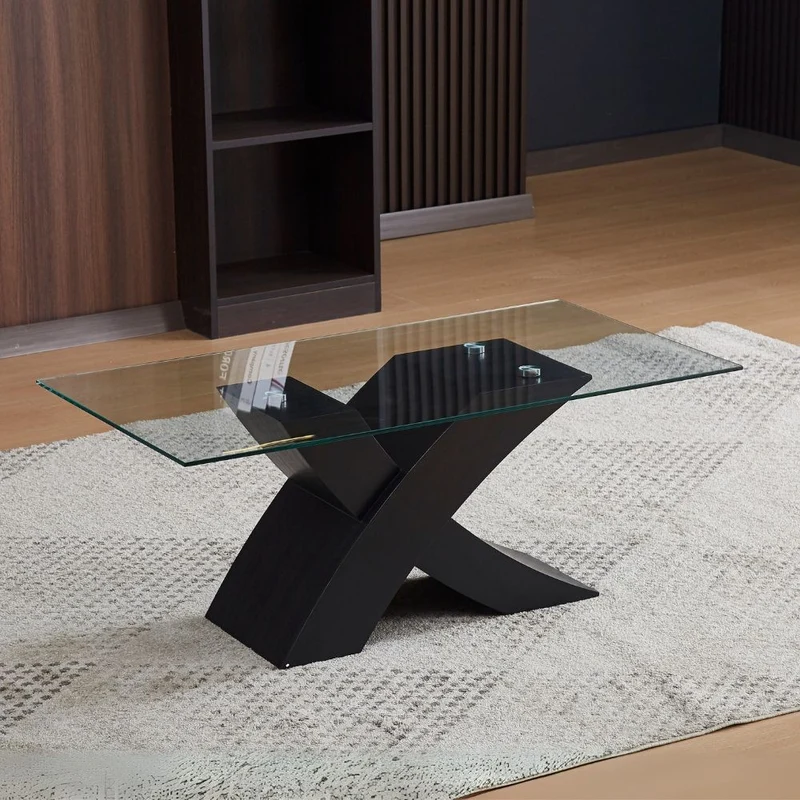 Tavolino da salotto con piano in vetro e base a incrocio nera 110x60x45H cm - Samy