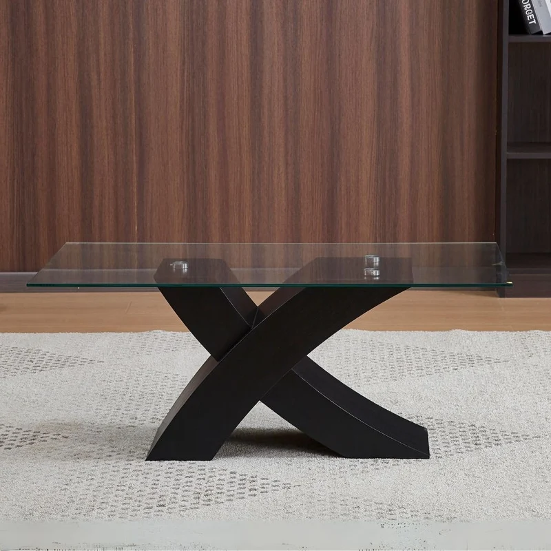 Tavolino da salotto con piano in vetro e base a incrocio nera 110x60x45H cm - Samy