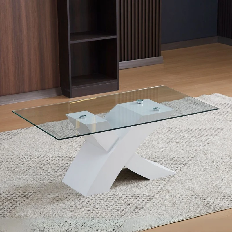 Tavolino da salotto con piano in vetro e base a incrocio bianca 110x60x45H cm - Samy