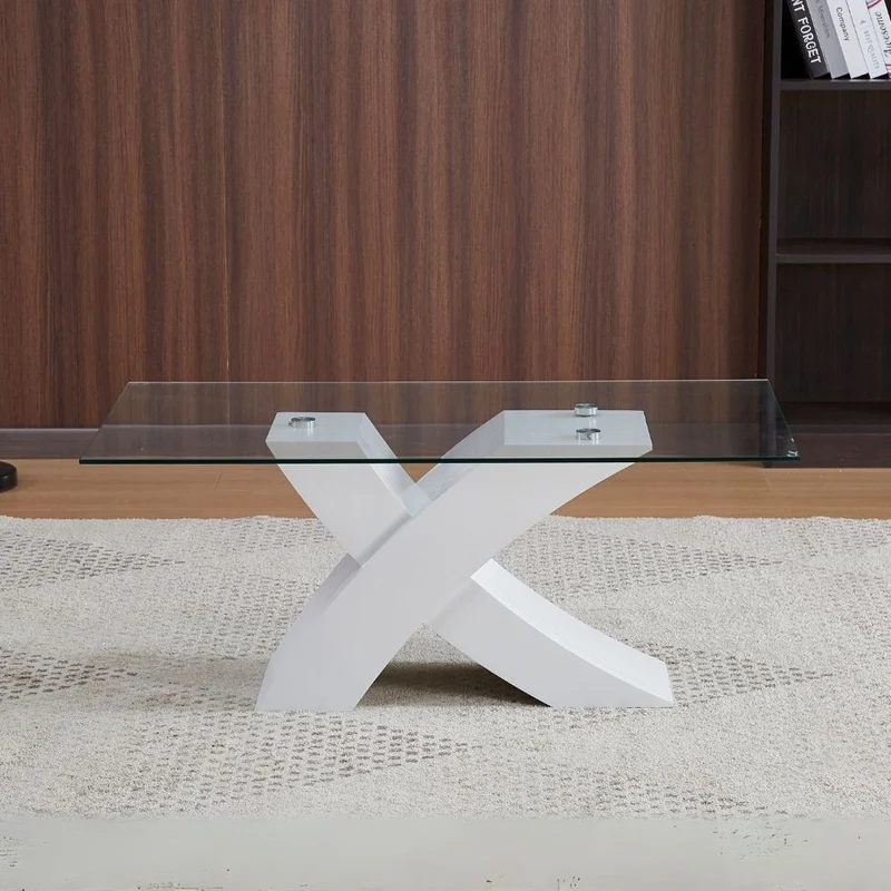 Tavolino da salotto con piano in vetro e base a incrocio bianca 110x60x45H cm - Samy