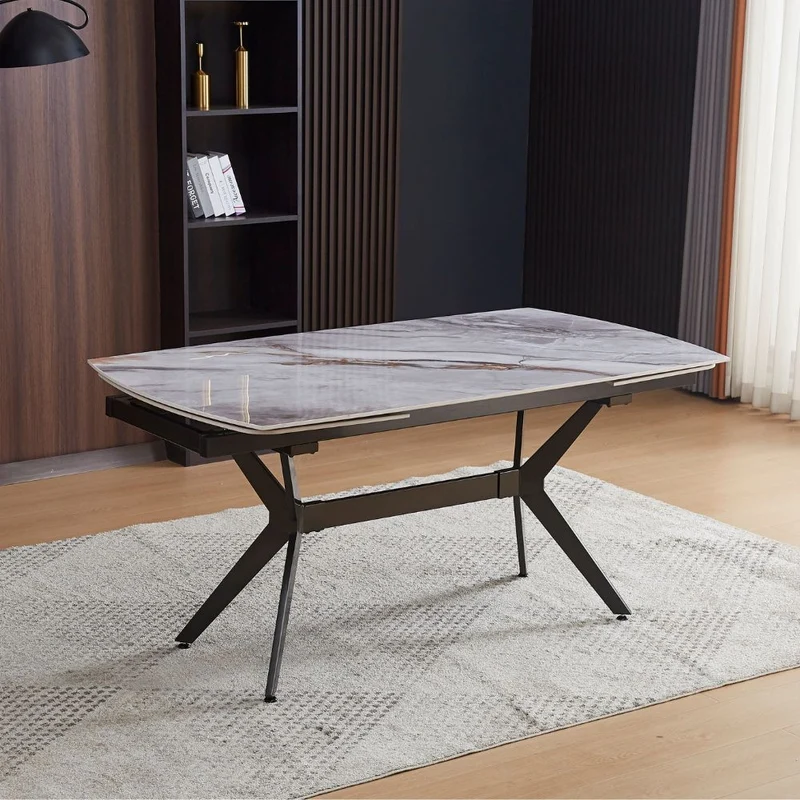 Tavolo allungabile con piano in ceramica effetto marmo grigio chiaro lucido 160x90x76H cm - Sonny
