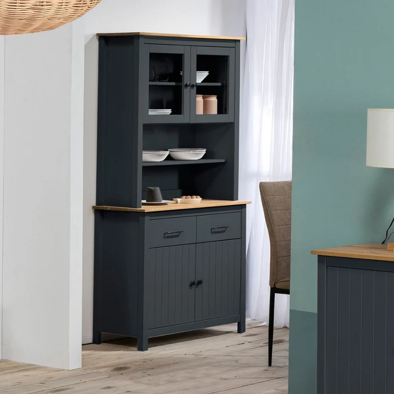 Credenza in legno massiccio con vetrina ante e cassetti colore blu e rovere 90x40x180H cm - Herti