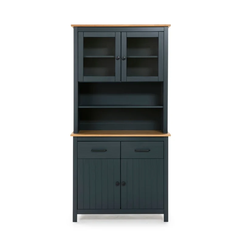 Credenza in legno massiccio con vetrina ante e cassetti colore blu e rovere 90x40x180H cm - Herti