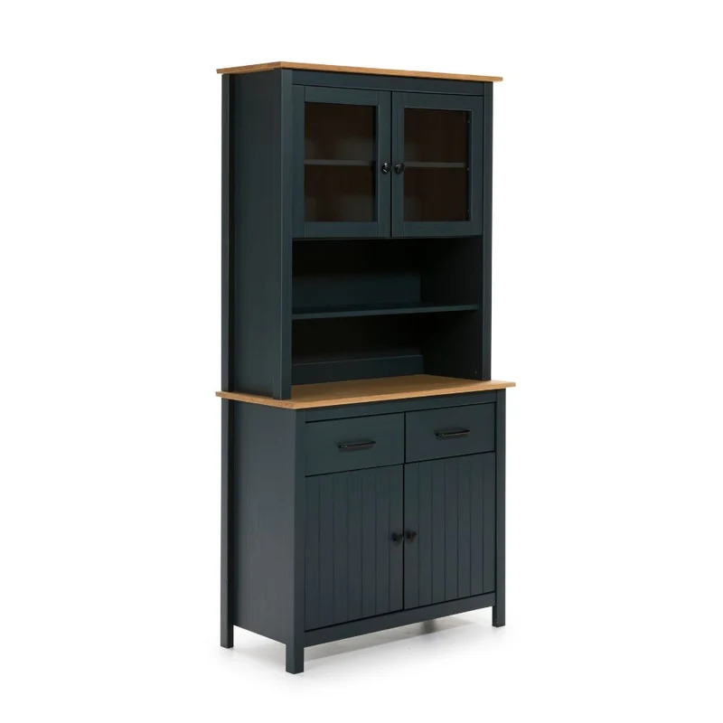 Credenza in legno massiccio con vetrina ante e cassetti colore blu e rovere 90x40x180H cm - Herti