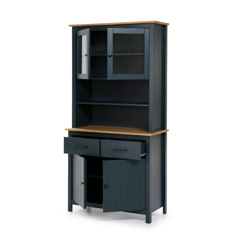 Credenza in legno massiccio con vetrina ante e cassetti colore blu e rovere 90x40x180H cm - Herti