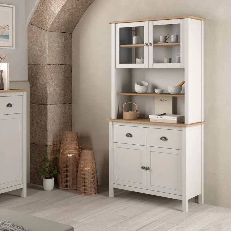 Credenza in legno massiccio con vetrina ante e cassetti colore bianco e rovere 90x40x180H cm - Herti