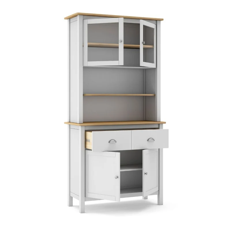 Credenza in legno massiccio con vetrina ante e cassetti colore bianco e rovere 90x40x180H cm - Herti