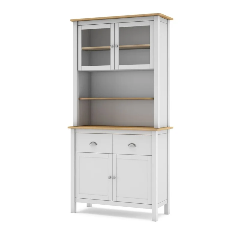 Credenza in legno massiccio con vetrina ante e cassetti colore bianco e rovere 90x40x180H cm - Herti