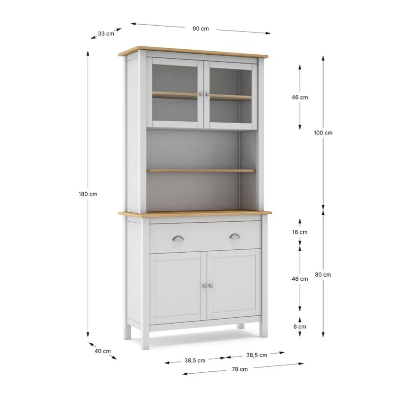 Credenza in legno massiccio con vetrina ante e cassetti colore bianco e rovere 90x40x180H cm - Herti