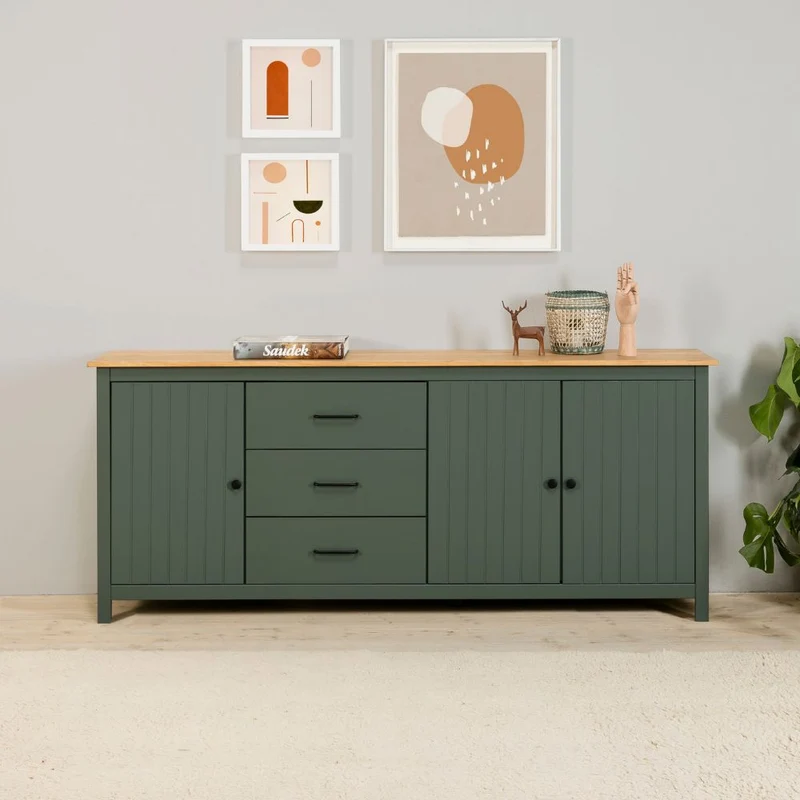 Credenza in legno massiccio con 3 ante e 3 cassetti colore verde e pino 191x40x80H cm - Vanda
