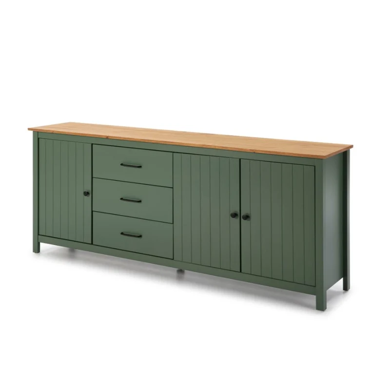 Credenza in legno massiccio con 3 ante e 3 cassetti colore verde e pino 191x40x80H cm - Vanda