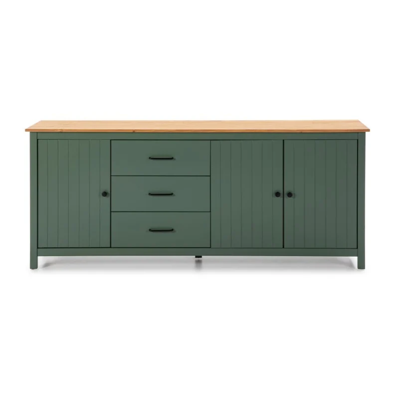 Credenza in legno massiccio con 3 ante e 3 cassetti colore verde e pino 191x40x80H cm - Vanda