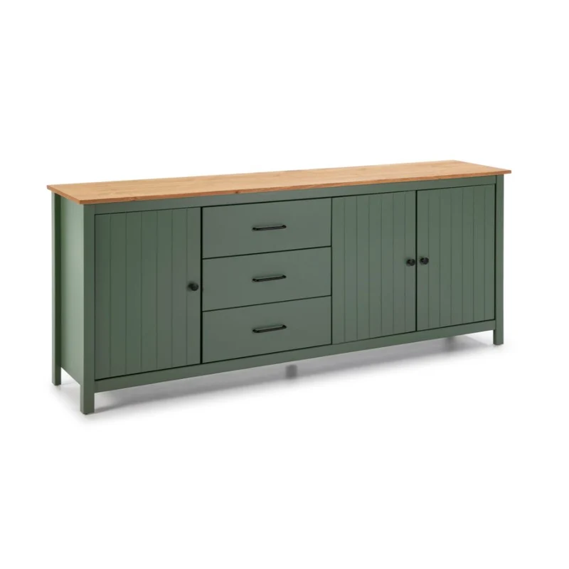 Credenza in legno massiccio con 3 ante e 3 cassetti colore verde e pino 191x40x80H cm - Vanda