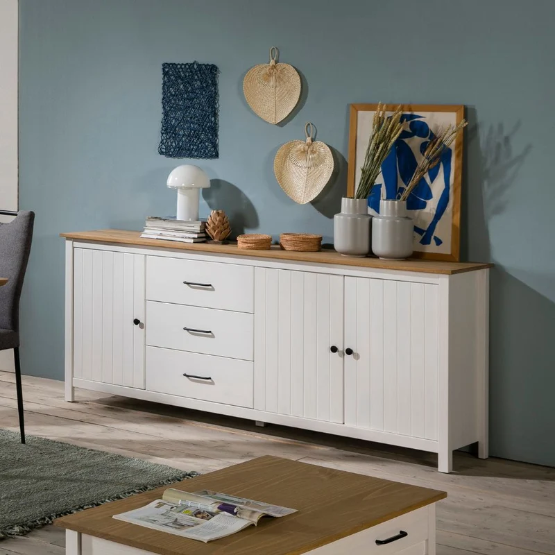 Credenza in legno massiccio con 3 ante e 3 cassetti colore bianco e pino 191x40x80H cm - Vanda