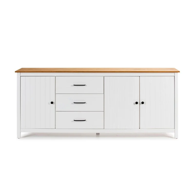 Credenza in legno massiccio con 3 ante e 3 cassetti colore bianco e pino 191x40x80H cm - Vanda