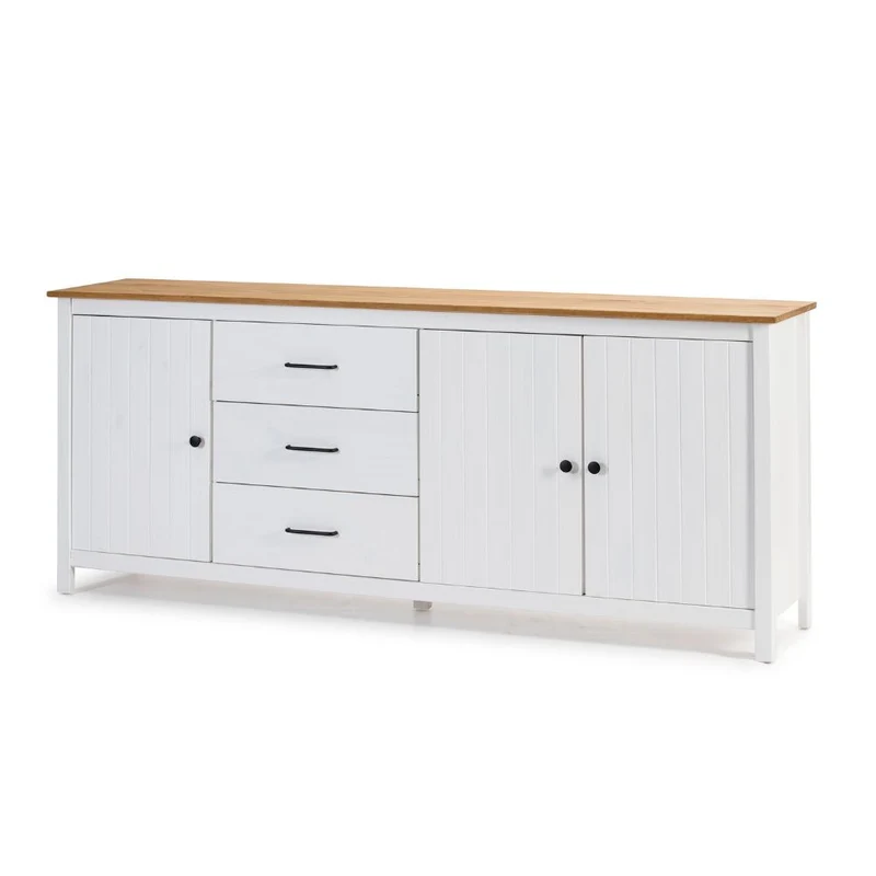 Credenza in legno massiccio con 3 ante e 3 cassetti colore bianco e pino 191x40x80H cm - Vanda