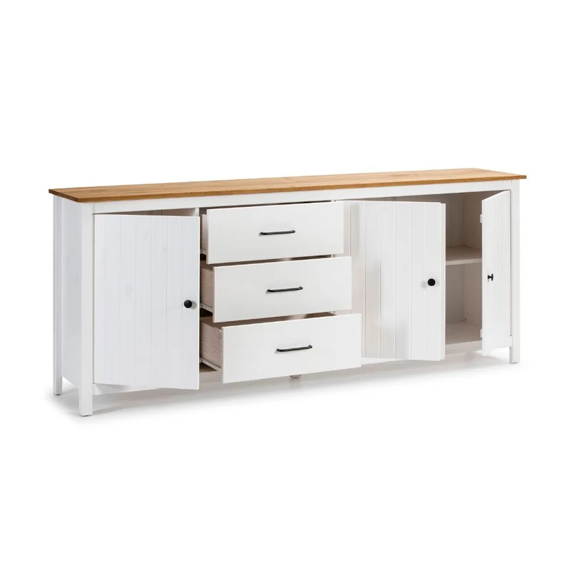Credenza in legno massiccio con 3 ante e 3 cassetti colore bianco e pino 191x40x80H cm - Vanda