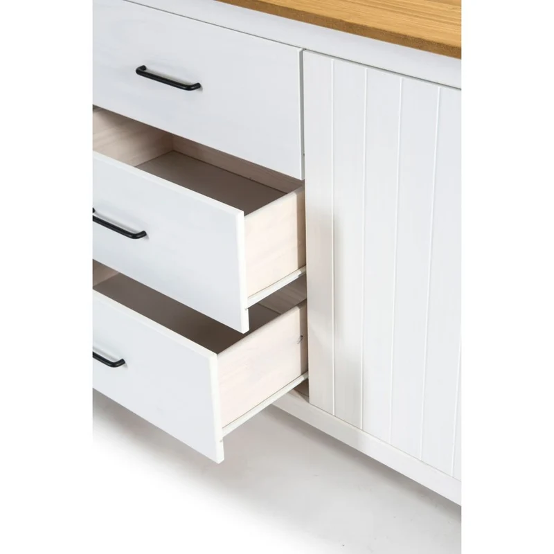 Credenza in legno massiccio con 3 ante e 3 cassetti colore bianco e pino 191x40x80H cm - Vanda