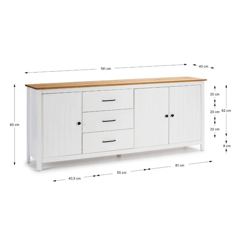 Credenza in legno massiccio con 3 ante e 3 cassetti colore bianco e pino 191x40x80H cm - Vanda