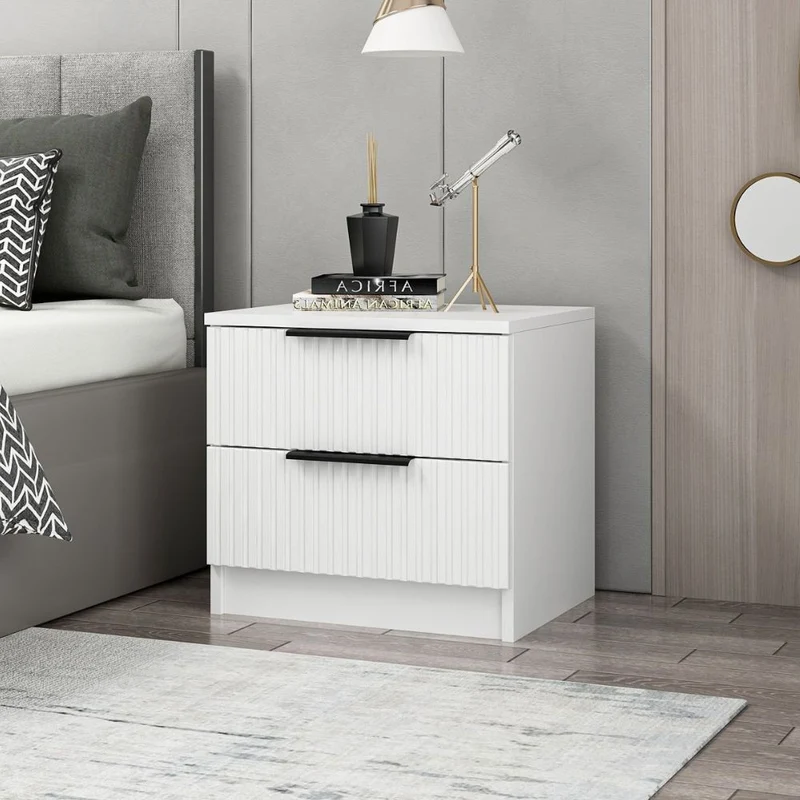 Comodino con due cassetti colore bianco effetto cannettato 50x40x47H cm - Wilmy